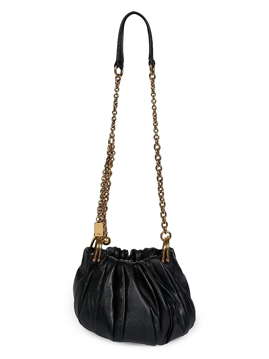 Women's Gathered Plissé Leather Shoulder Bag - Black