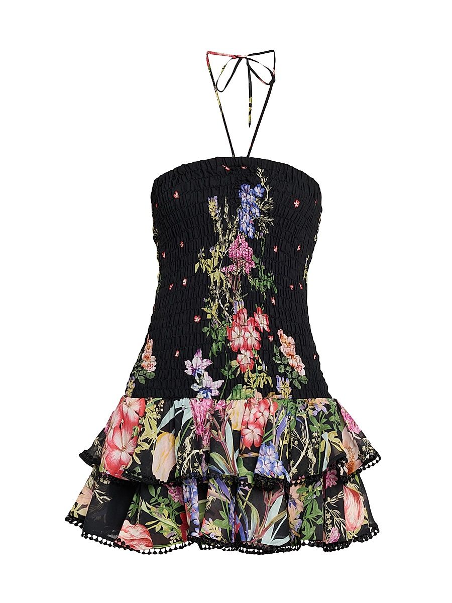 Women's Cusia Floral Smocked Drop-Waist Minidress - Black Multi - Size Large