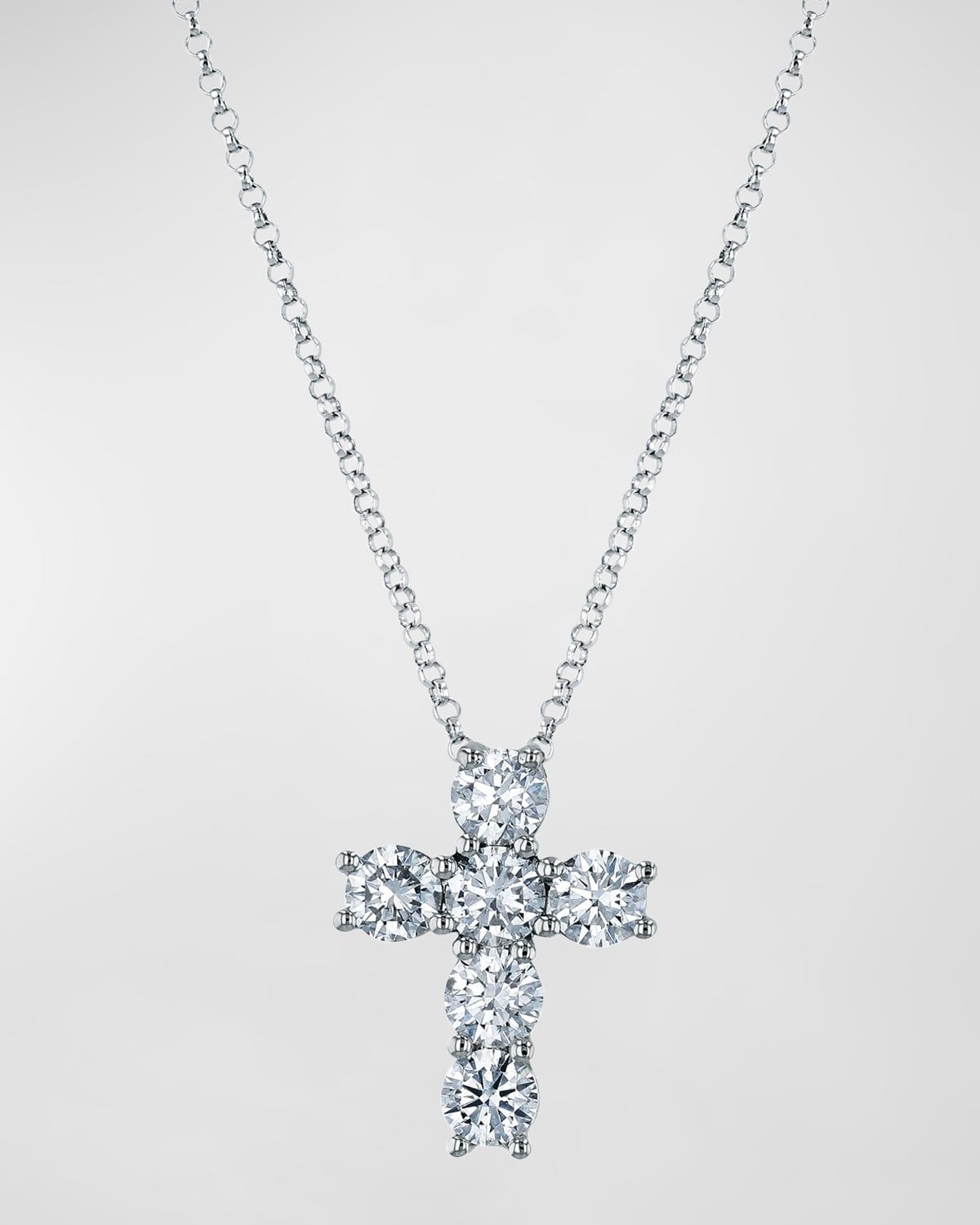 18K Gold 6-Stone Shared Prong Round Diamond Cross Necklace, 16"L, 3.00tcw