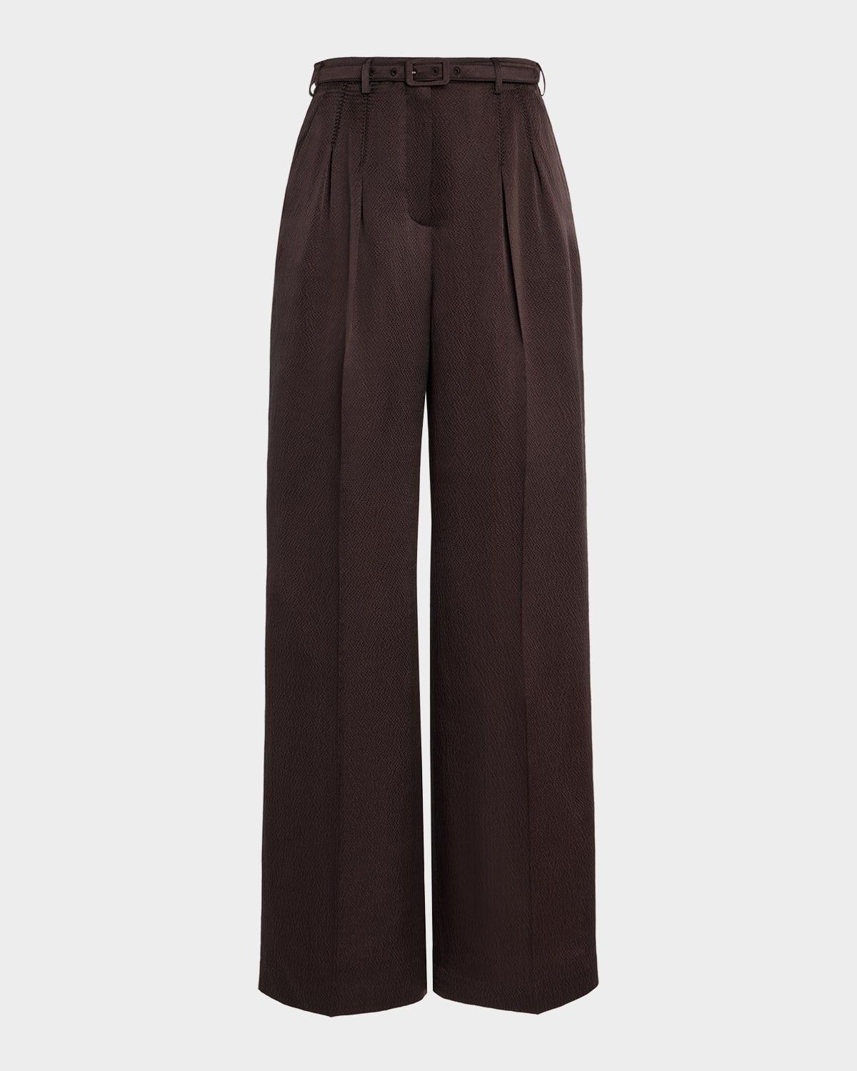 Vargas Textured Satin Pleated Straight-Leg Pants With Belt