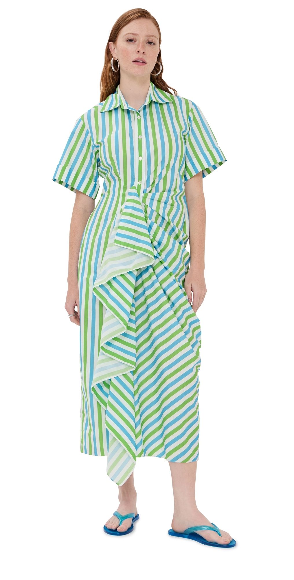 Rosie Assoulin Gathered Ruffle Shirt Dress Blue/Green Stripe 4
