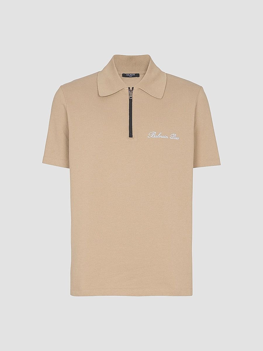 Balmain Men's Logo-Embroidered Cotton Quarter-Zip Polo Shirt - Camel Blanc - Size XL