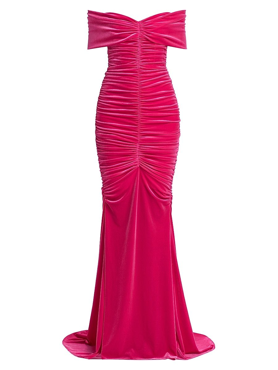 Women's Ruched Off-The-Shoulder Gown - Fuchsia - Size 12