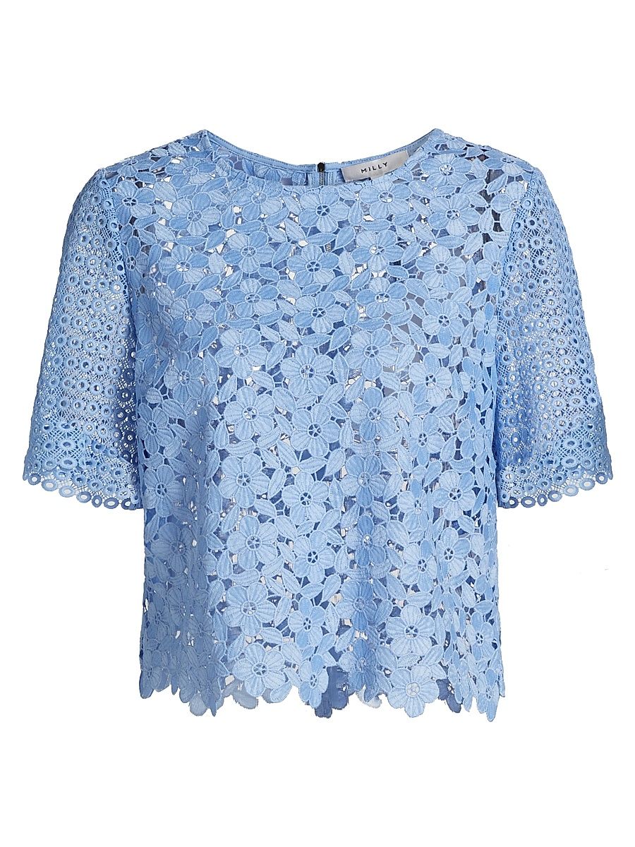 Women's Geometric Floral Lace Top - Sky Blue - Size Medium