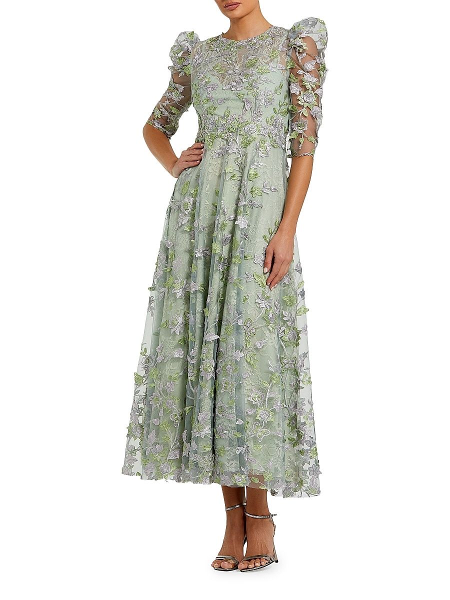 Women's Floral Appliqué Puff-Sleeve Maxi Dress - Sage - Size 18