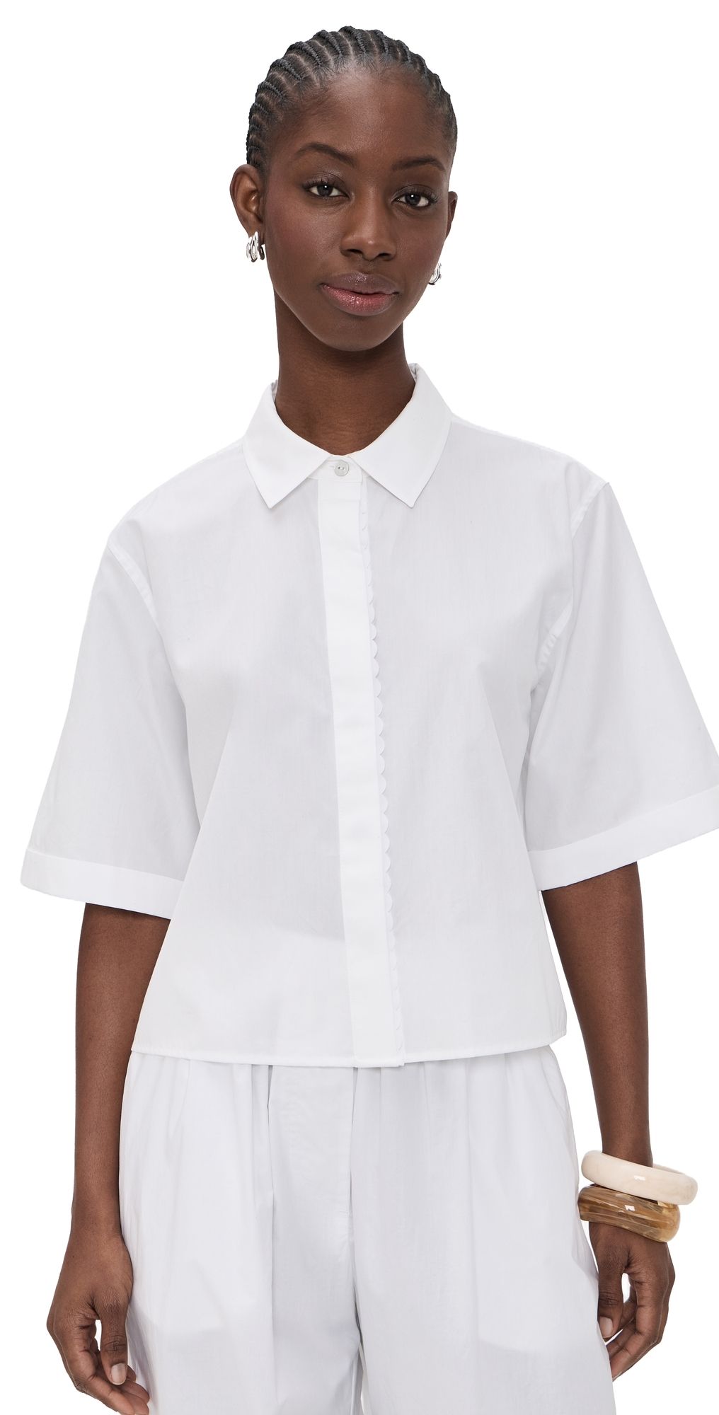 Vince Scallop Detail Short Sleeve Shirt Optic White S