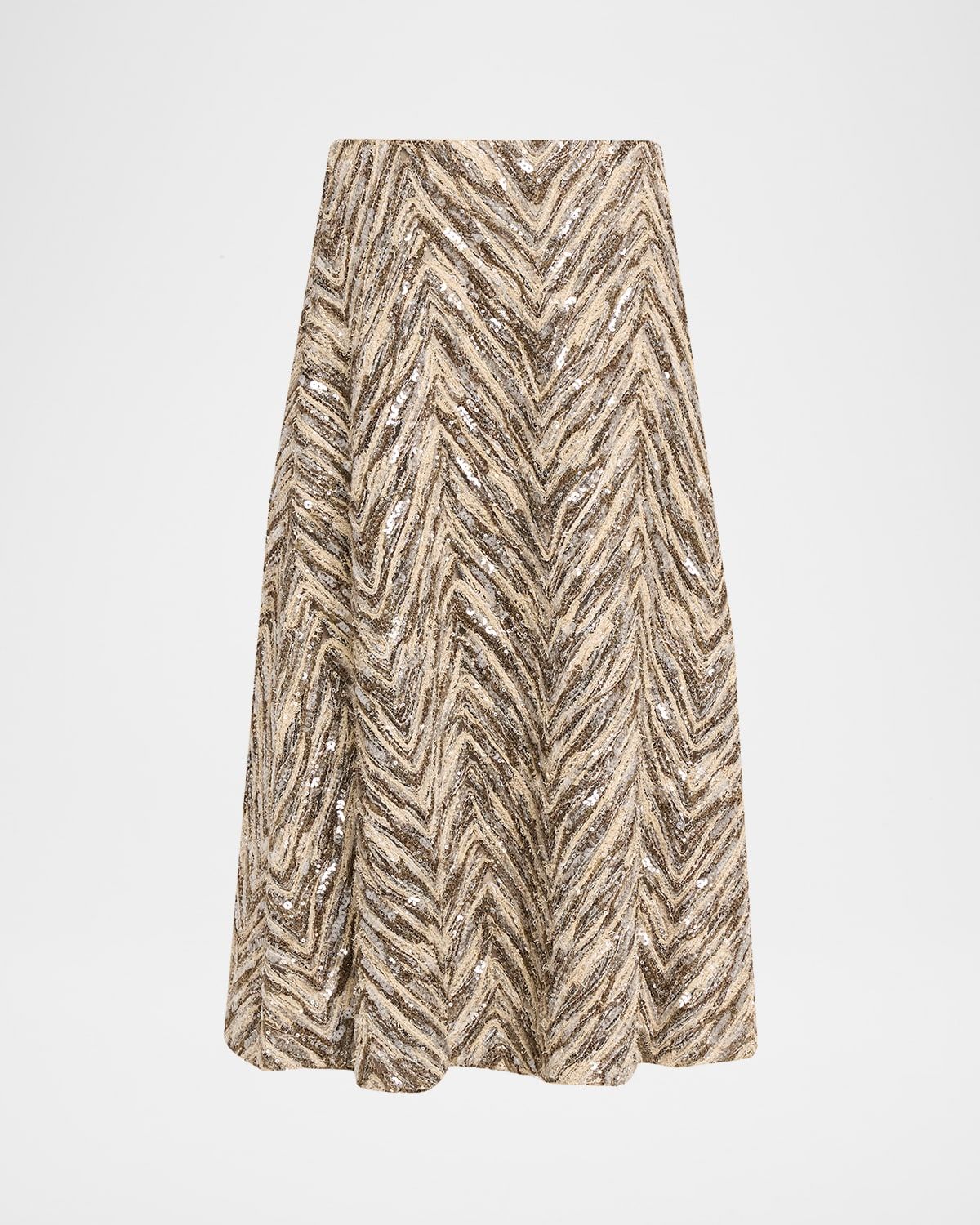Chevron Sequined Superlight Tulle Midi Skirt