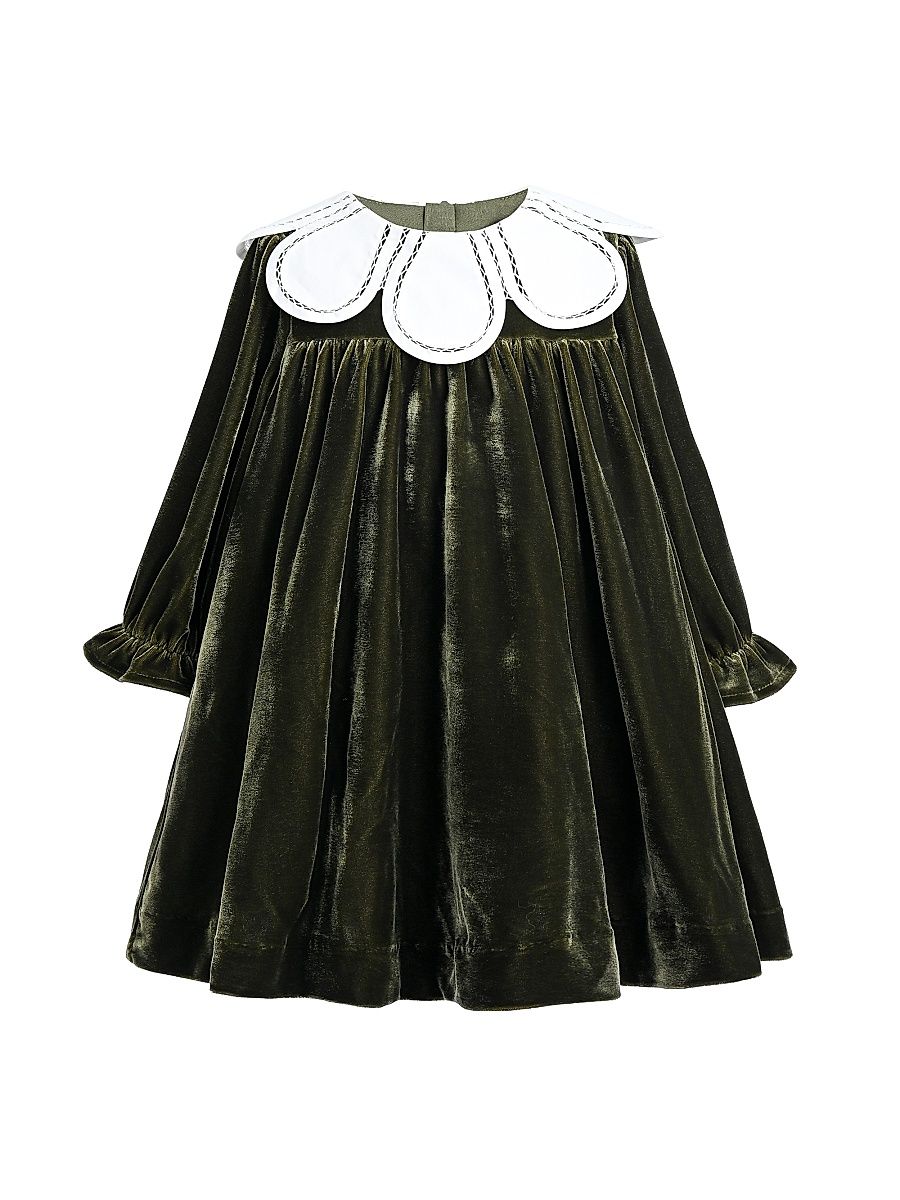 Little Girl's Petal Velvet Dress - Olive - Size 36 Months