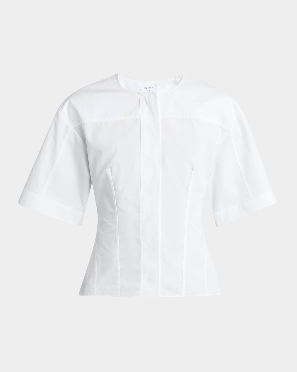 Short-Sleeve Corset Seamed Poplin Blouse
