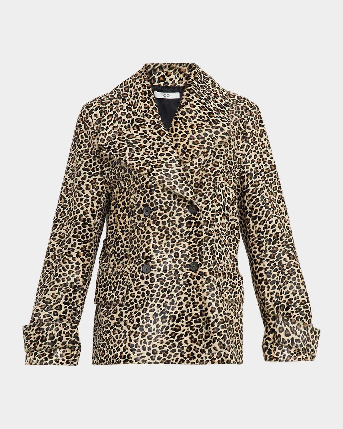 Leopard-Print Ponyhair Double-Breasted Short Peacoat
