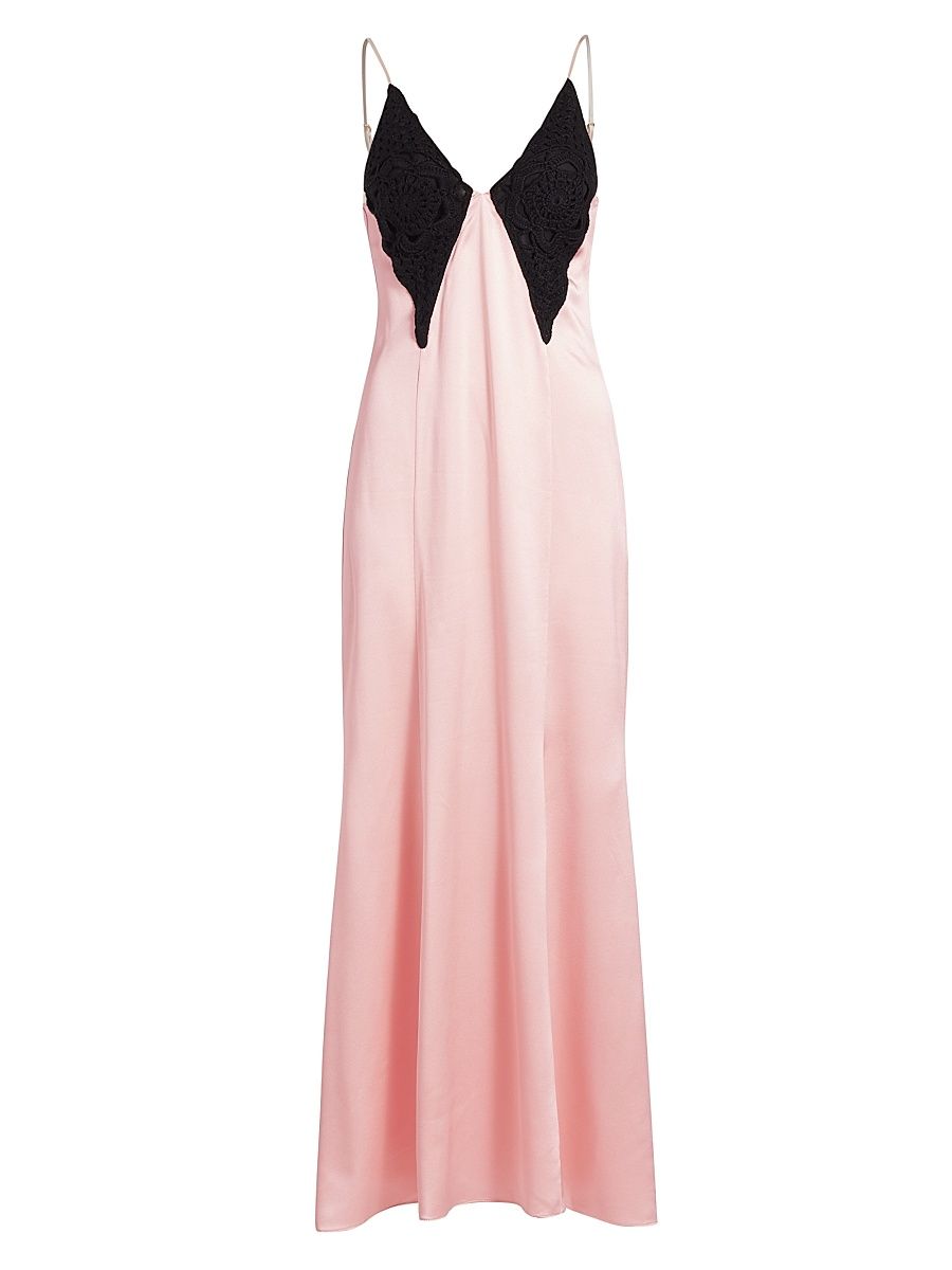 Women's Crochet Bodice Silk Slip Gown - Pink And Black - Size 8