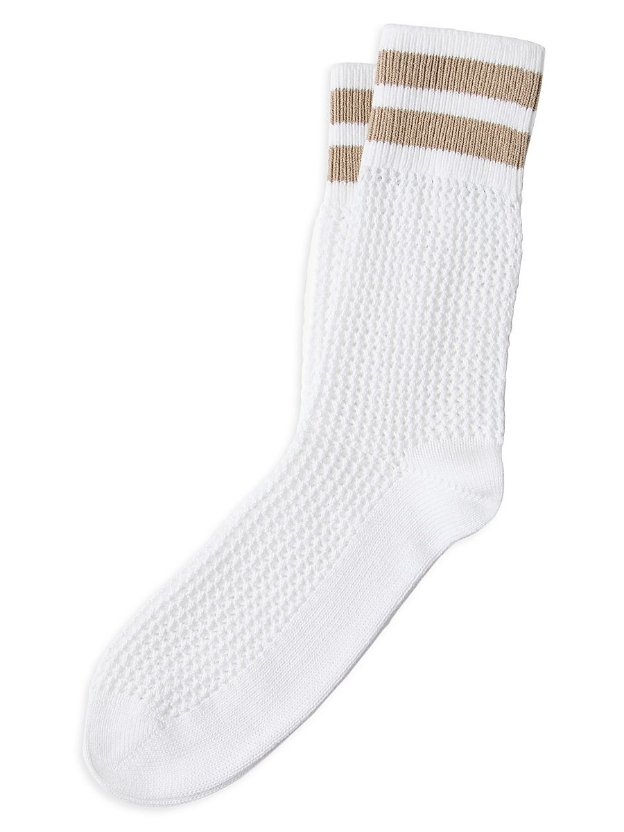 Women's Cotton Waffle Stitch Knit Socks with Stripes - Beige - Size Large