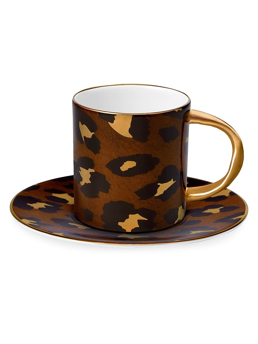 Leopard 2-Piece 24K Gold & Porcelain Espresso Cup & Saucer Set
