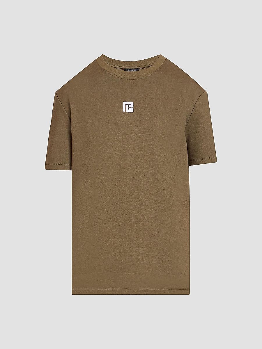 Balmain Men's PB Logo Crewneck T-Shirt - Kaki Blanc - Size XL