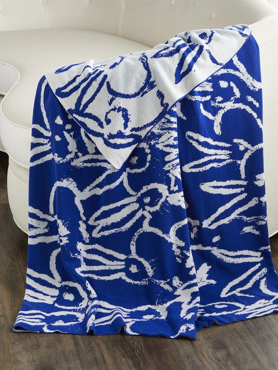 Hunt Slonem Rabbit Run Cashmere Throw - Cobalt White