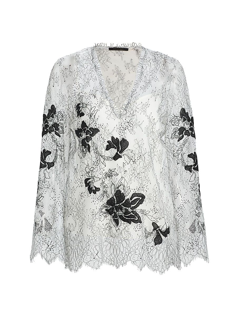 Women's Devyn Floral Lace Blouse - White Black - Size Large
