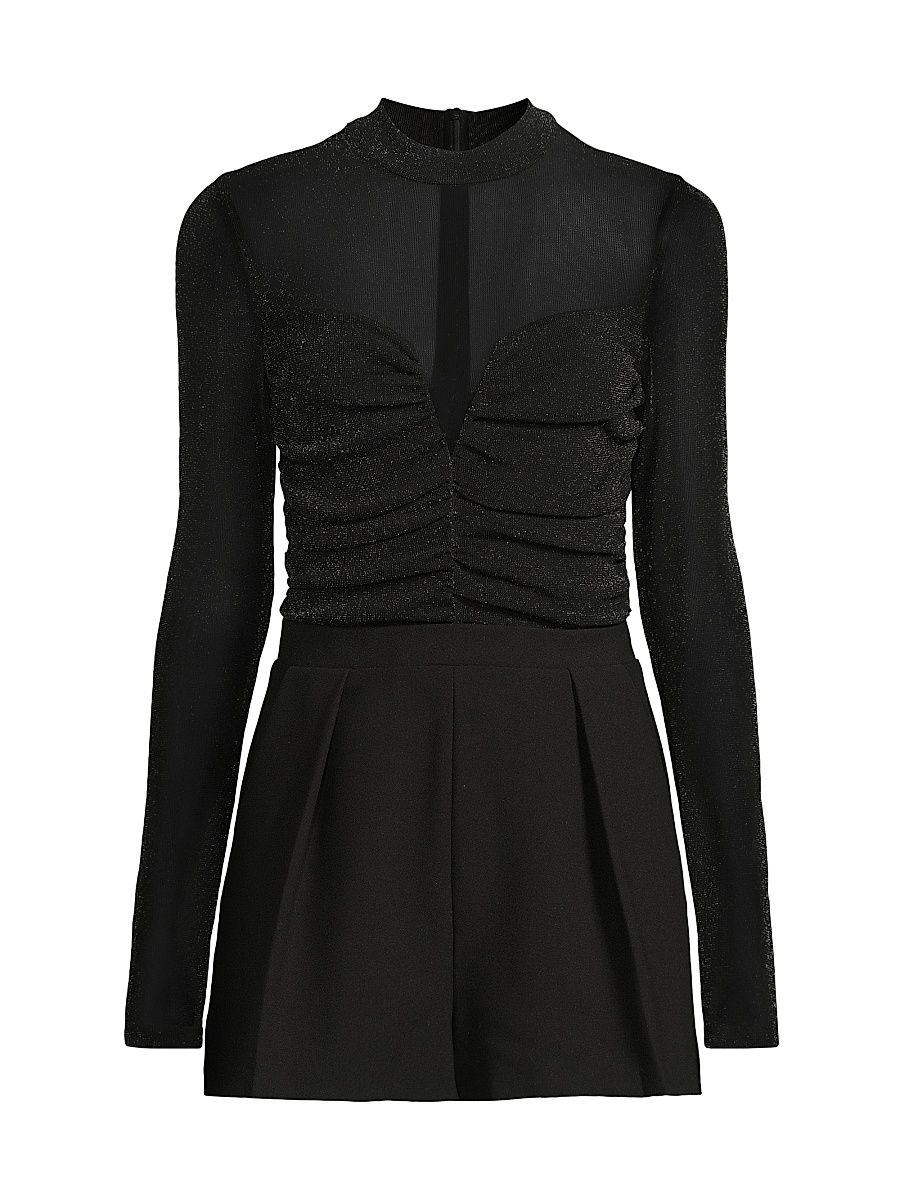Women's Leonarda Mesh Metallic Long-Sleeve Romper - Glistening Black - Size 14