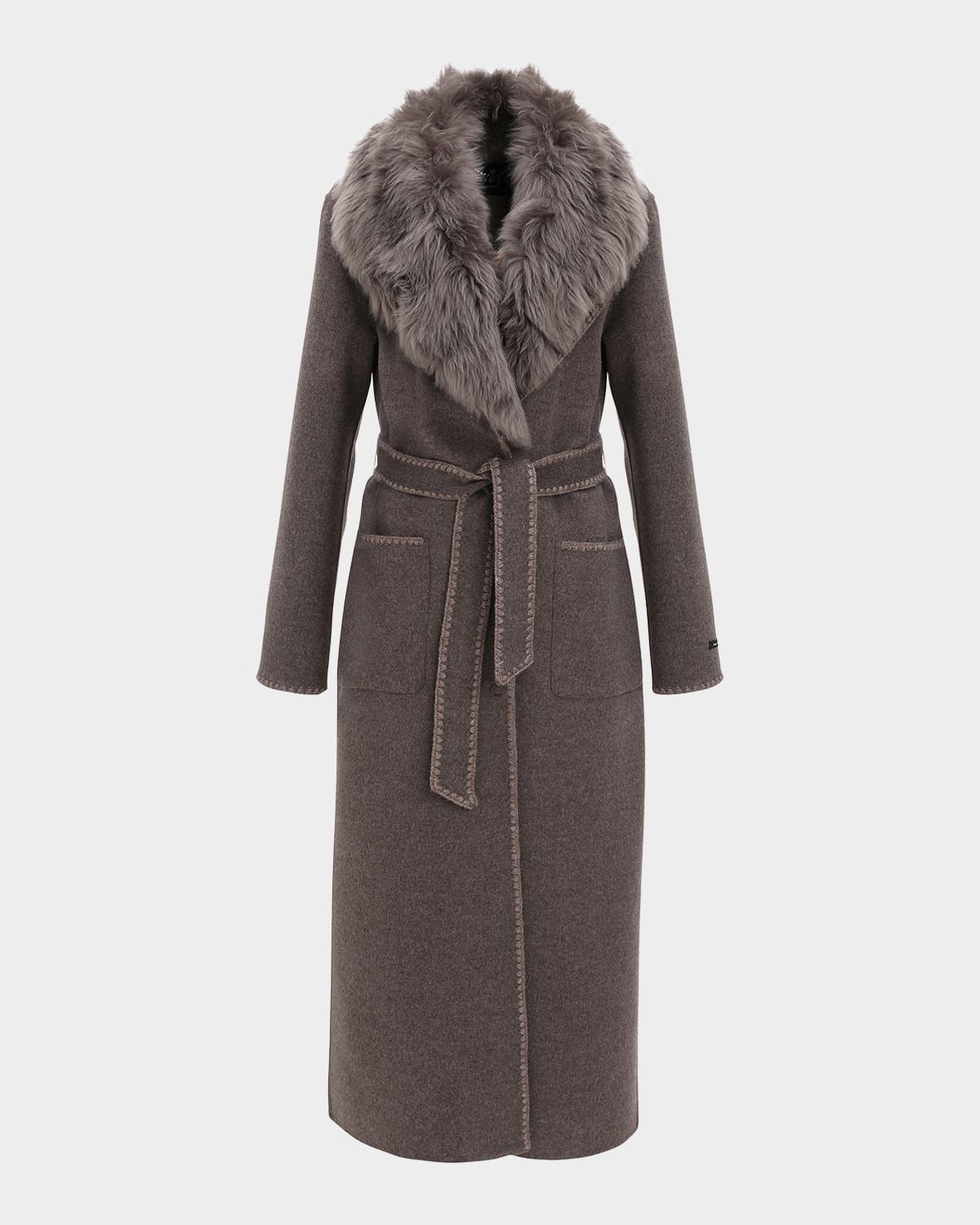 Belted Cashmere-Wool Coat with Detachable Merinillo Lamb Shearling Collar