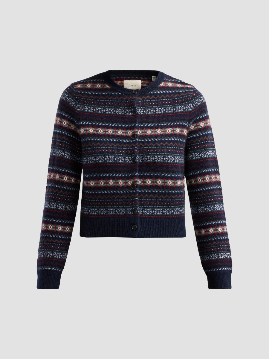 DÔEN Women's Faustine Wool-Cashmere Cardigan - Navy Dash Wood Fair Isle - Size XS