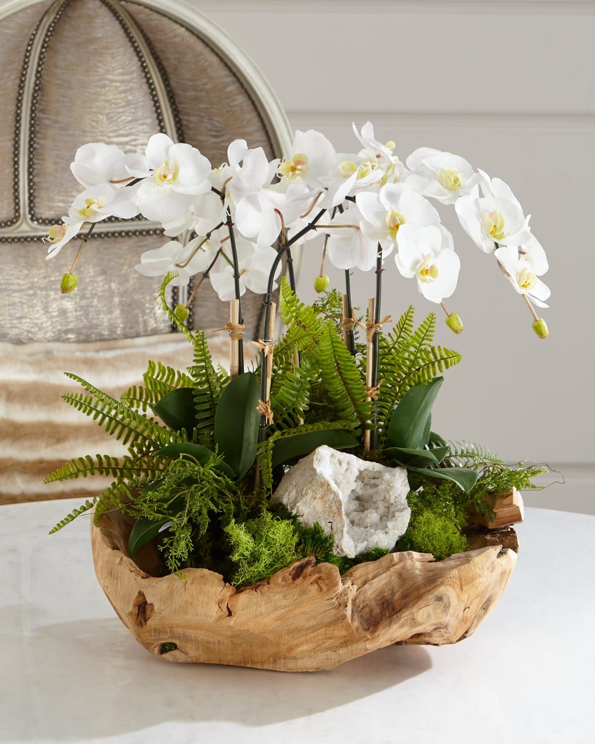 White Orchid Faux-Floral Arrangement in Wooden Bowl