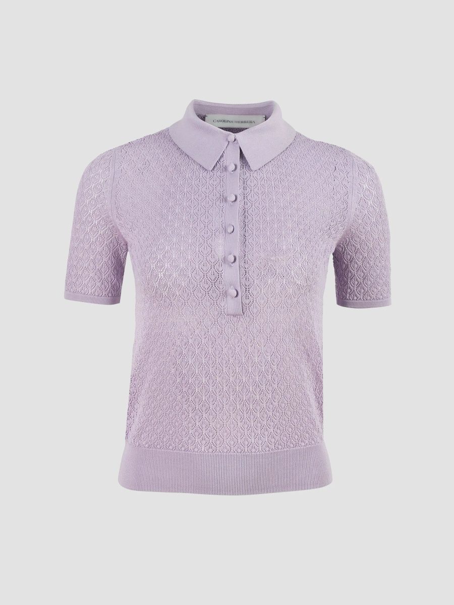 Carolina Herrera Women's Open-Knit Short-Sleeve Polo Sweater - Wisteria - Size XS