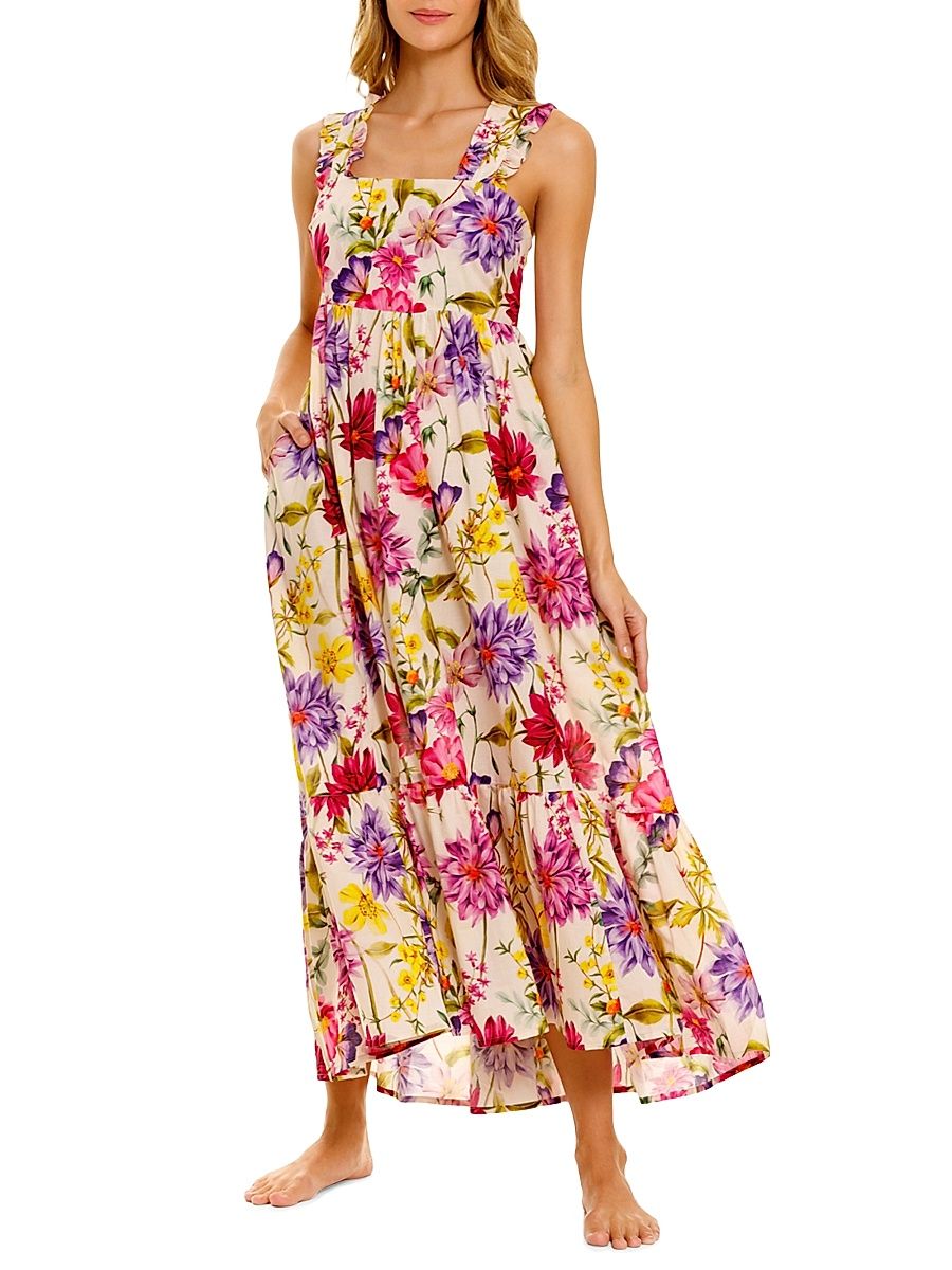 Women's Summer Soirée Mika Wind Floral Cotton Maxi Dress - White - Size Medium