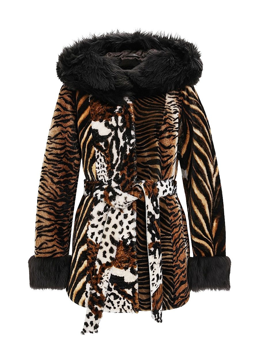 Women's Shearling Lamb Parka with Merinillo Shearling Lamb Hood Trim and Cuffs, Belt - Africa Print - Size XL