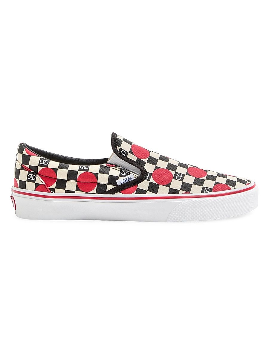 Men's Valentino Garavani and Vans Slip-On Sneakers in Fabric with VLogo Checkerboard Print and Polka Dot Detail - Butter Black Rouge Pur - Size 13