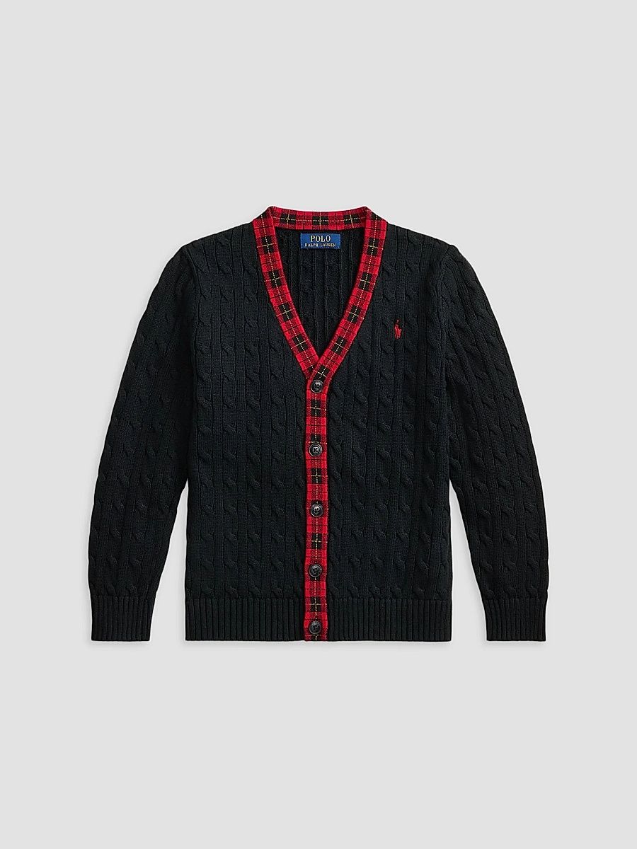 Polo Ralph Lauren Boy's Little Boy's & Boy's Plaid-Trim Cable Cotton Cardigan - Polo Black Multi - Size 8