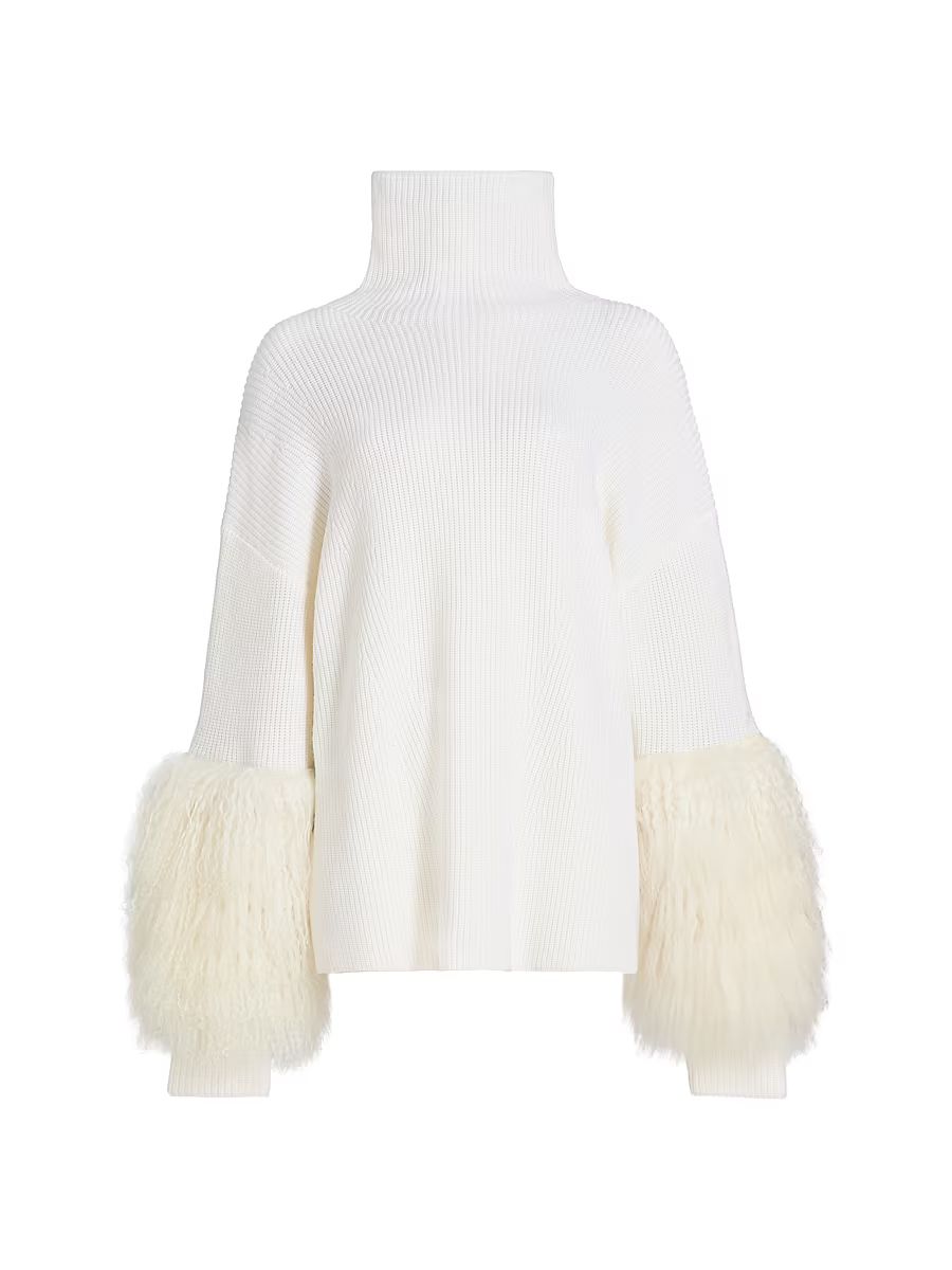 Women's Yak Yarn-Cuff Merino Wool Turtleneck Sweater - Off White - Size Large