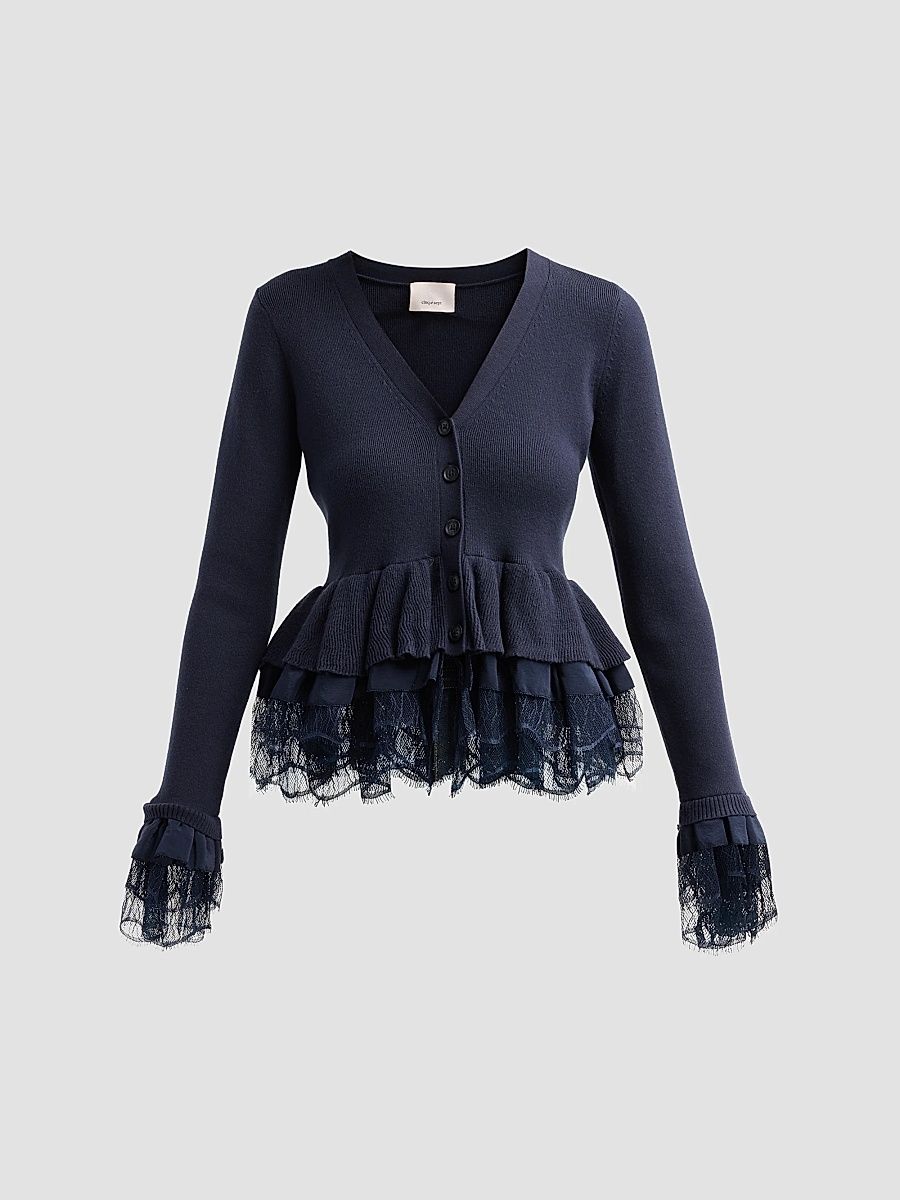 Women's Dolly Ruffled Lace-Trimmed Peplum Cardigan - Navy - Size Large