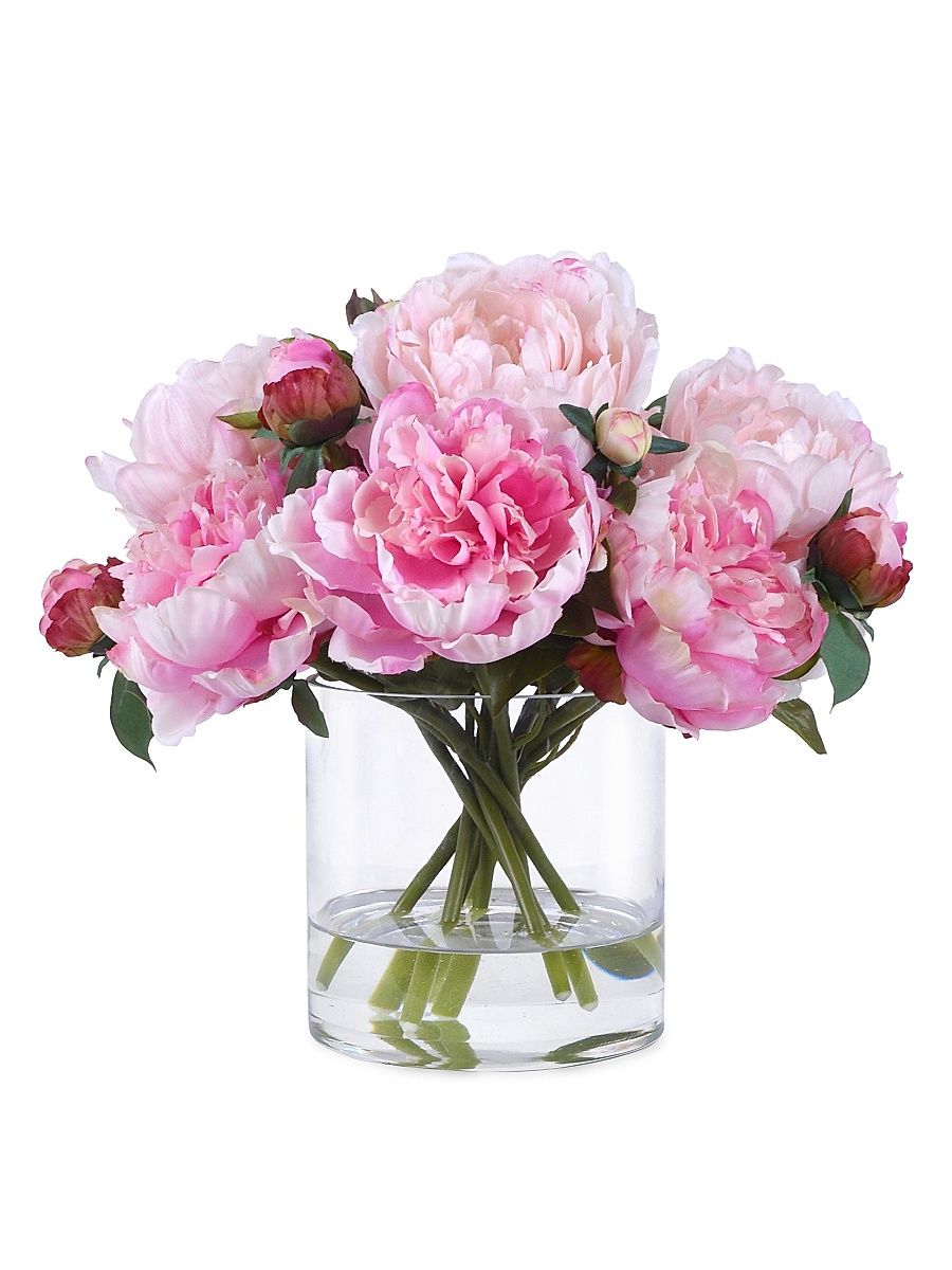 Faux Floral Peonies in Glass Vase - Pink