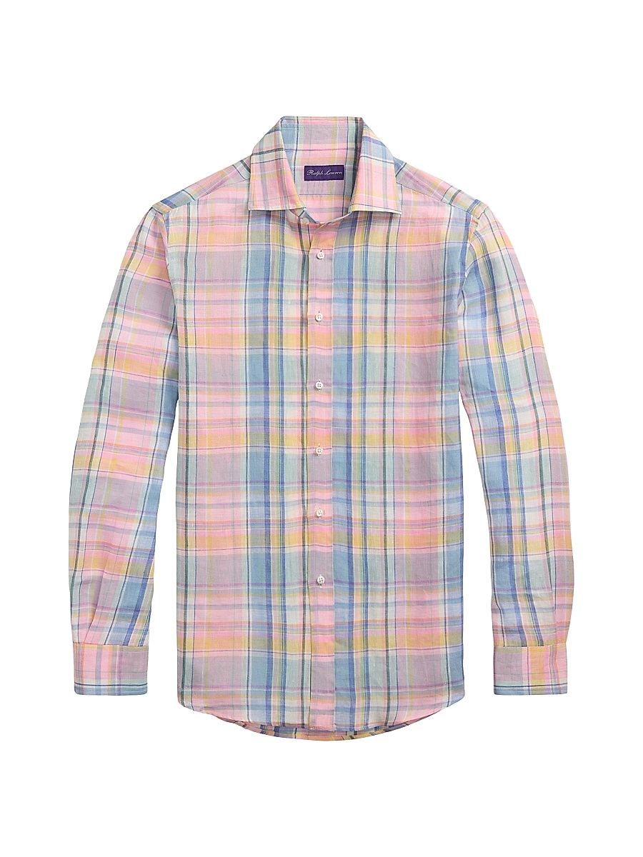 Men's Plaid Linen Shirt - Pink Multi - Size Medium