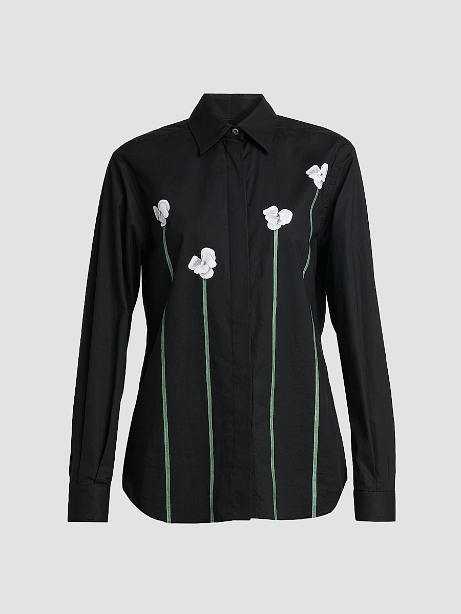 Women's Floral Stretch-Cotton Blouse - Multi Black - Size 2