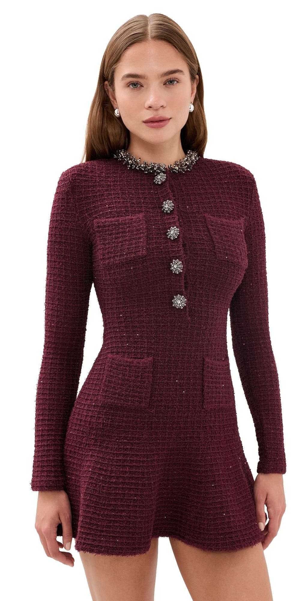 Self Portrait Burgundy Textured Knit Embellished Mini Burgundy S