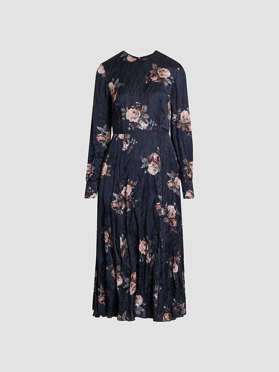 Women's Floral Crushed Satin Crewneck Midi Dress - Margot Black - Size 6