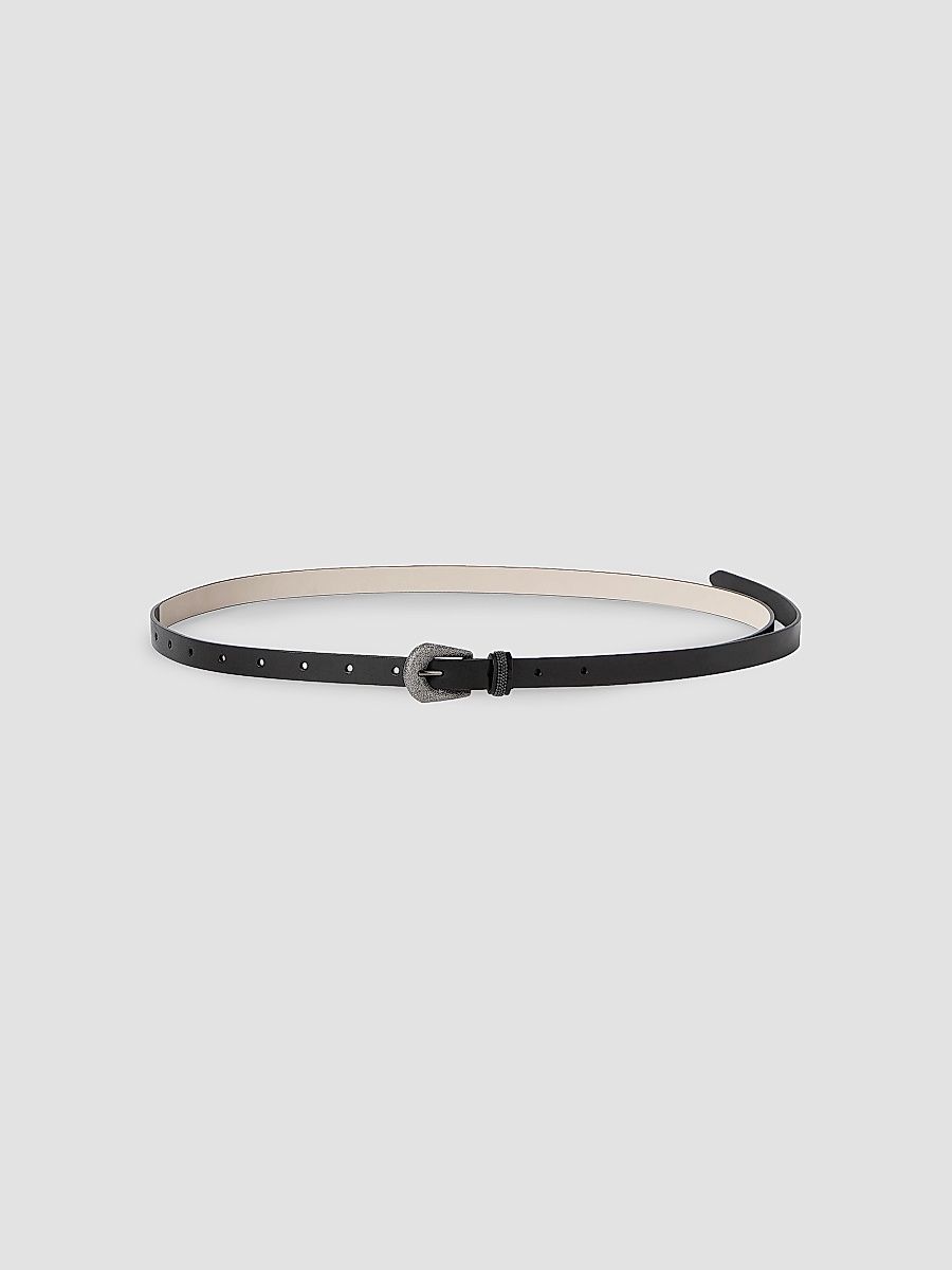 Women's Vintage-Effect Leather Belt with Shimmering Buckle and Shiny Loop - Black - Size XS