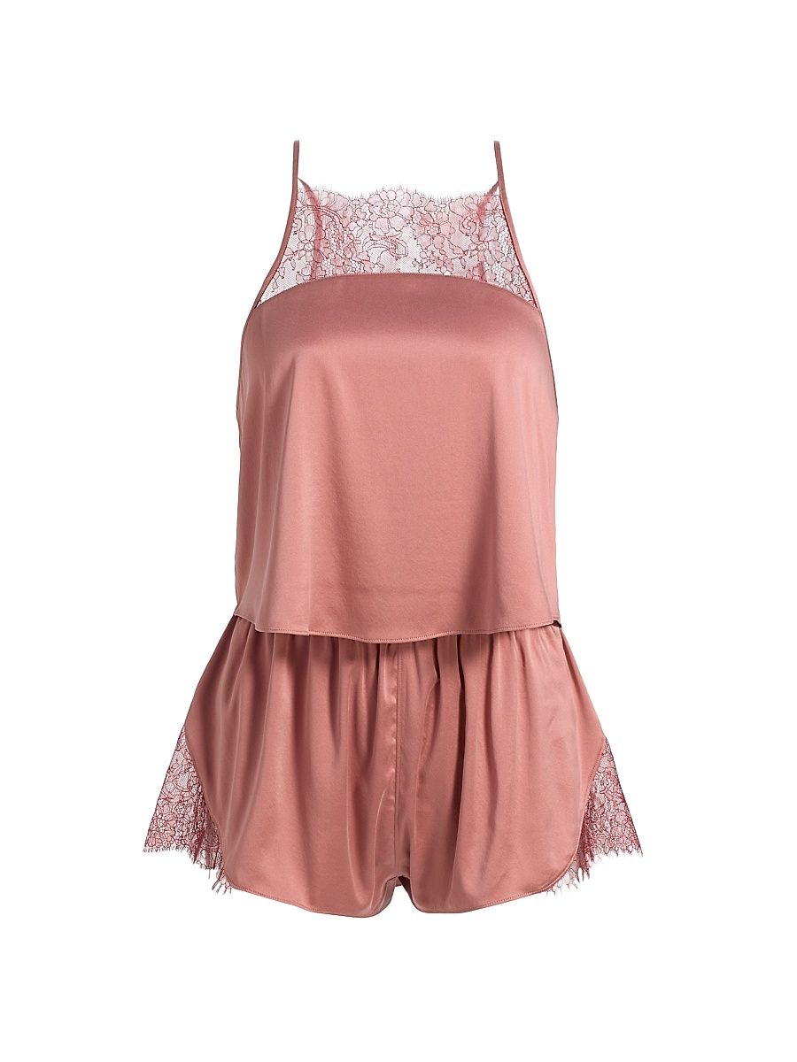 Women's Washable Silk Lace Cami & Shorts Set - Brambled Blush Mulled Maple - Size Small