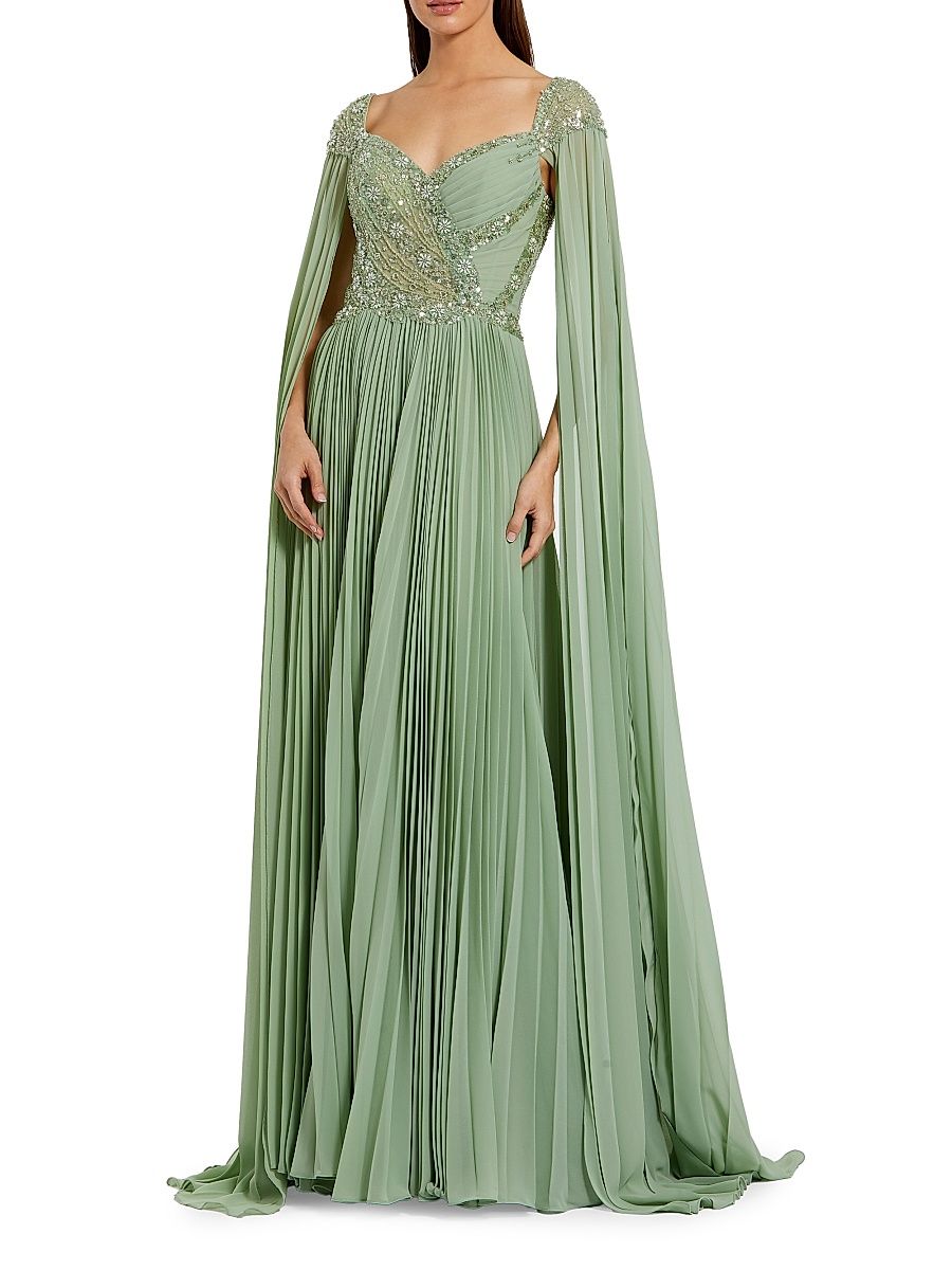 Women's Evening Pleated Cape Gown - Sage - Size 16