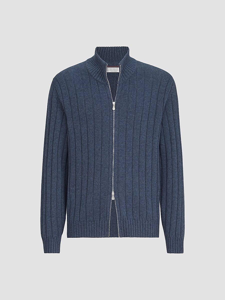 Men's Cashmere Ribbed Cardigan with Zip - Denim - Size 40