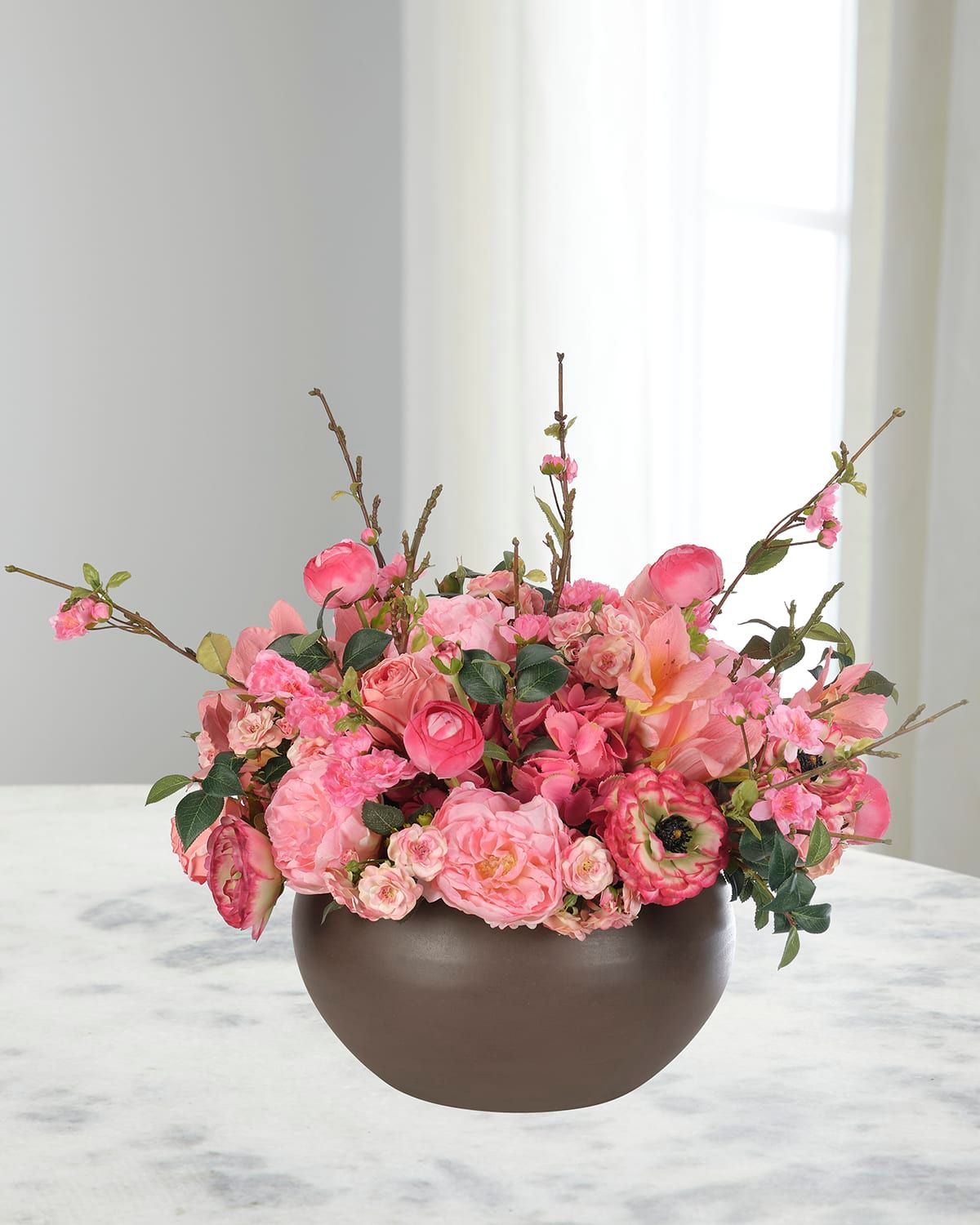 Peonies & Ranunculus 33" Faux Floral Arrangement in Concrete Bowl
