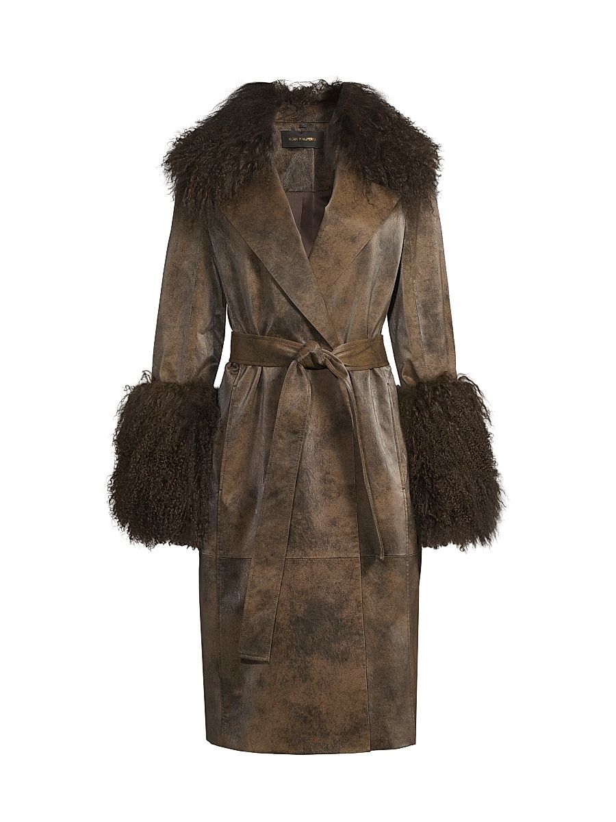 Women's Viv Shearling-Trimmed Belted Coat - Dark Brown - Size XL