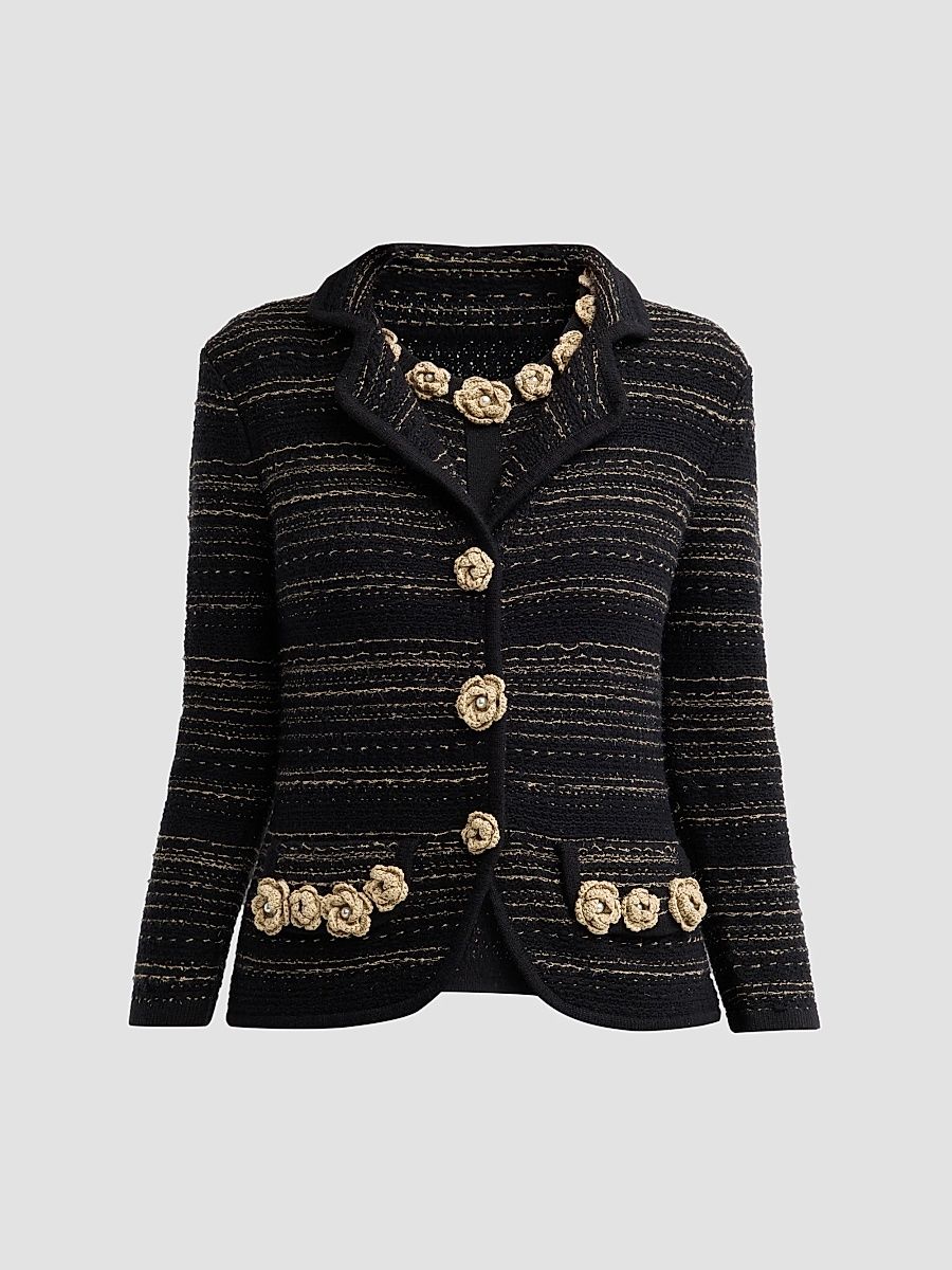 Teri Jon by Rickie Freeman Women's Striped Rosette-Appliqué Jacket - Black Champagne - Size XL