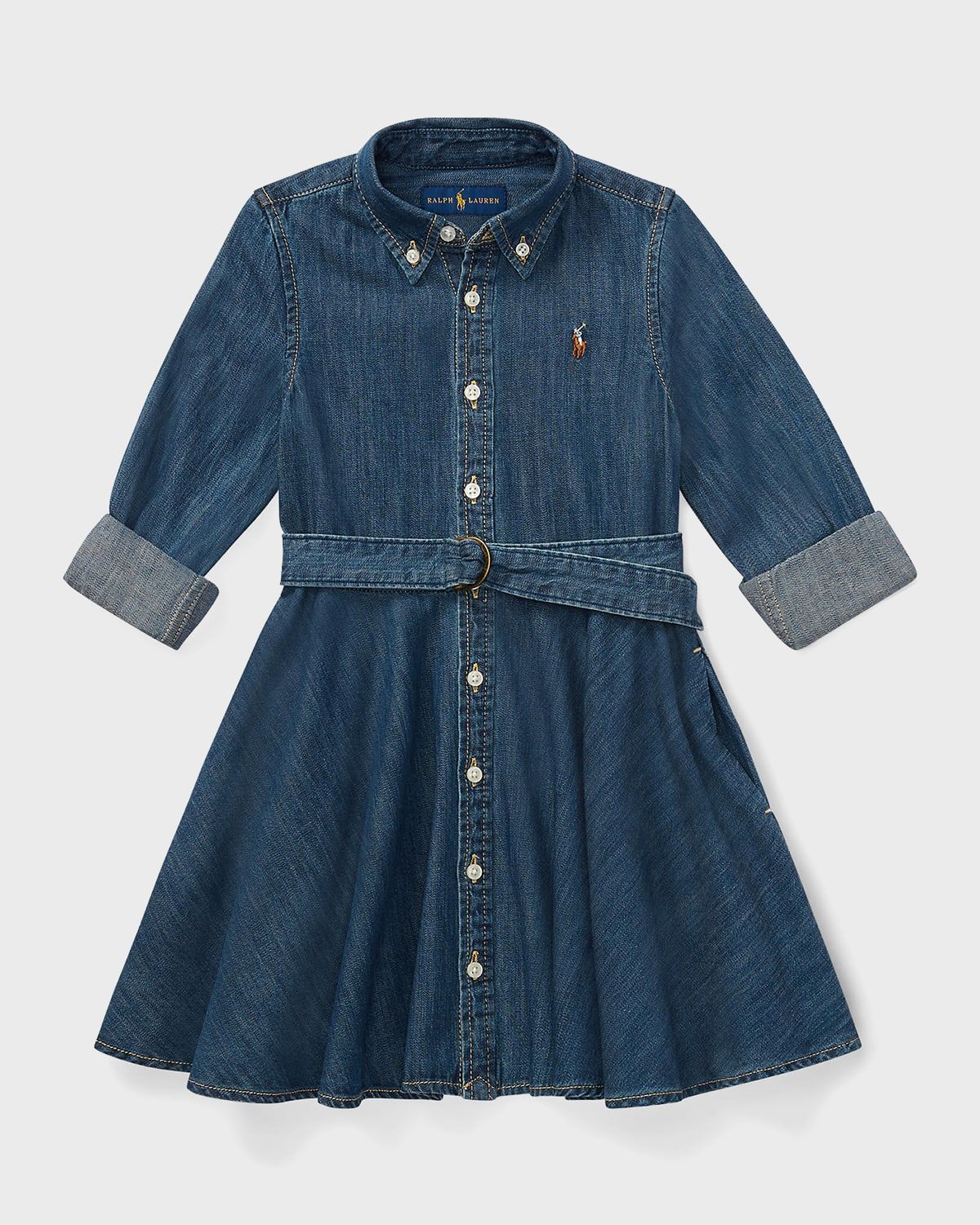 Girl & apos;s Belted Fit-and-Flare Denim Shirtdress, Size 2-6X