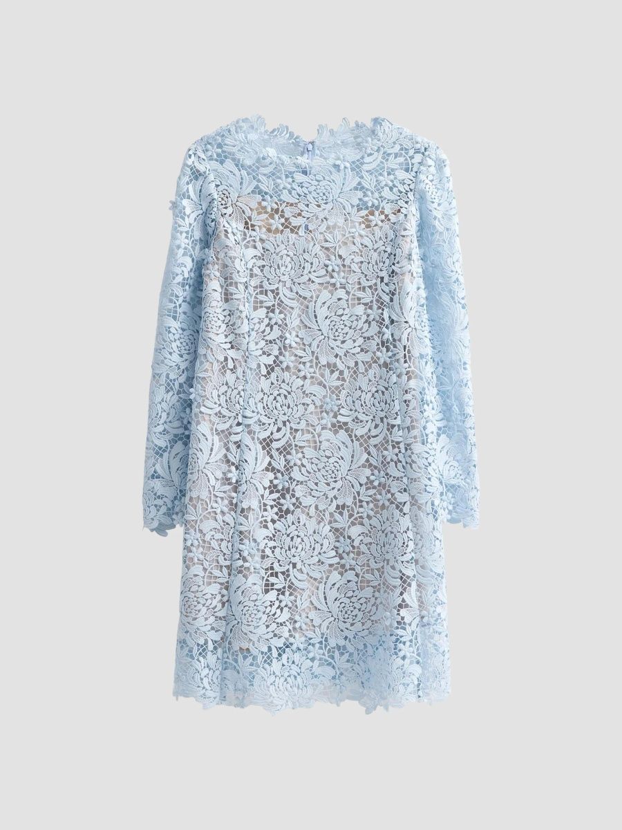 Oscar de la Renta Women's Chrysanthemum 3D Guipure Day Dress - Light Blue - Size 0
