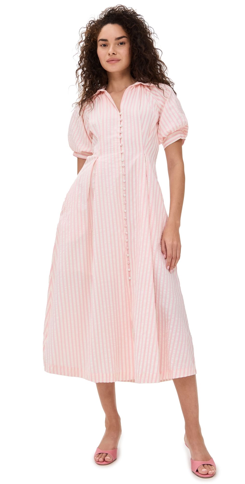 English Factory Seersucker Striped Midi Dress Pink M