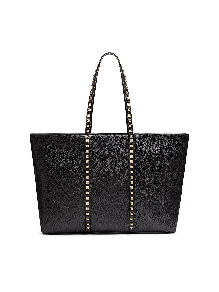 Women's Rockstud Shopping Tote Bag in Grainy Calfskin - Black