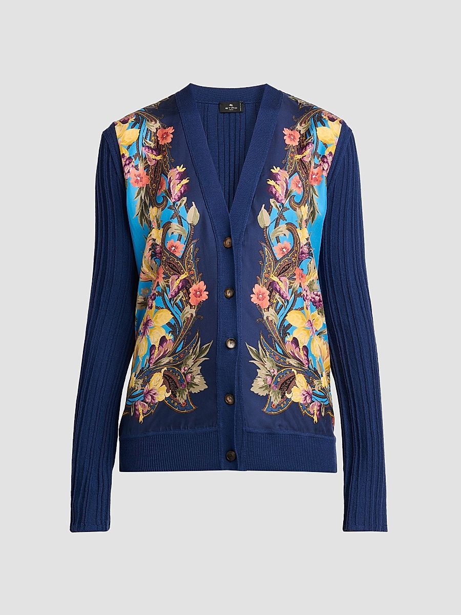 Women's Floral Paisley Panel Cardigan - Blue - Size 12