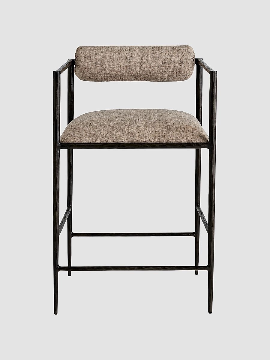 Barbana Linen-Blend Upholstered Iron Counter Stool - Grey