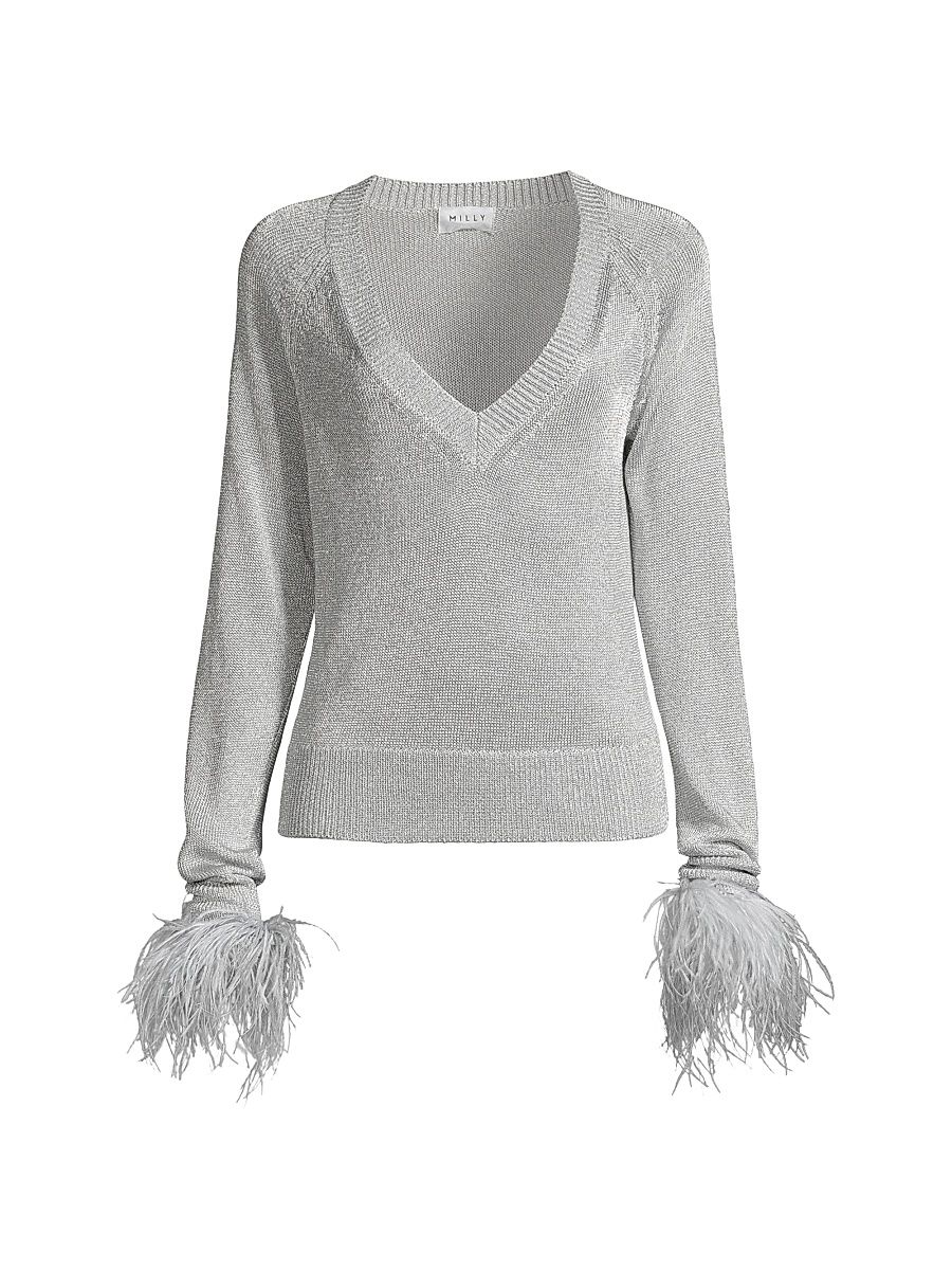 Women's Feather-Trimmed Metallic Knit Pullover Sweater - Silver - Size Large